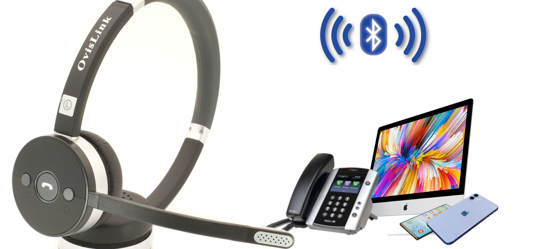 OvisLink wireless headset connects to desktop phone, cell phone and computer through Bluetooth