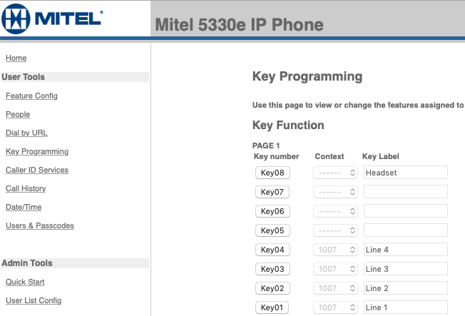 Mitel 5330e IP Phone program Headset key through Web Tool